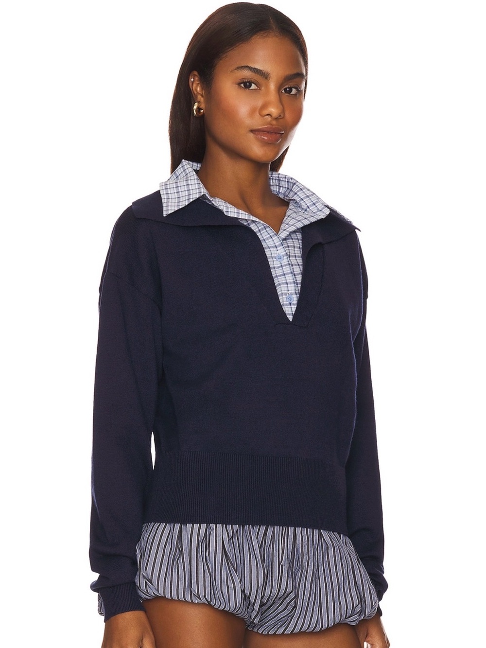 Lioness Racquet Club Knit Polo in Navy with Gingham Collar Detail - Picture 6 of 7